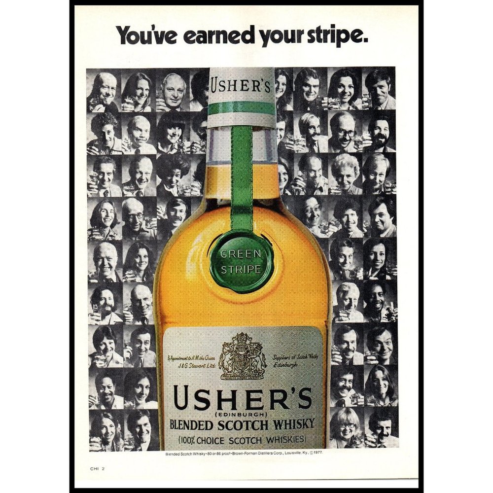1977 Usher's Scotch Whisky Green Stripe Vintage Print Ad Headshots Wall Art
